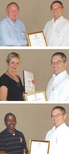 At the AGM Johan Maartens acknowledged John Owen-Ellis for his work on the new Constitution, Jane van der Spuy for her contribution to the SAIMC’s 55 anniversary, and Mothibi Thabeng accepted Selvan Murugan’s award for his commitment to the new web site.